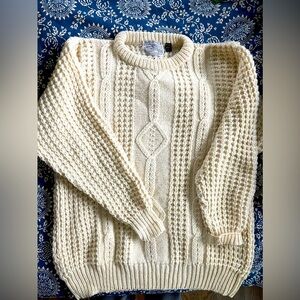Donegal Handknit Cream 100% Wool Crewneck Cable Knit Sweater Men's Size large